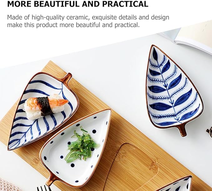 Creative Japanese Style Hand-painted Snack Plates Set 3pcs – Leaf, Water Grass, Raindrop Shapes – Ceramic Appetizer Plates for Seasoning, Dessert Fruit Serving Random Color