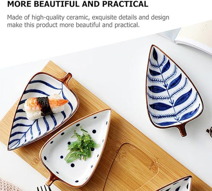 Creative Japanese Style Hand-painted Snack Plates Set 3pcs – Leaf, Water Grass, Raindrop Shapes – Ceramic Appetizer Plates for Seasoning, Dessert Fruit Serving Random Color