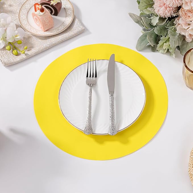 SHACOS 100 pcs Round Paper Placemats Disposable 13 inch Colored Paper Decorative Place Mats for Wedding Birthday Party Bridal Baby Shower Events Table Decoration, Yellow
