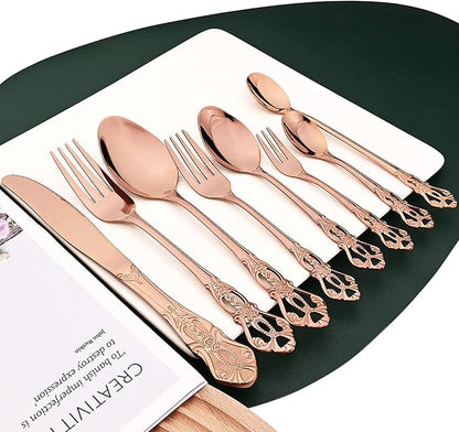 Elegant 32-Piece (4 Set) Retro Flatware Set, Stainless Steel Cutlery Set - Complete Eating Tableware Serving Set, Dishwasher Safe, Shiny Mirror Polish (Rose Gold)