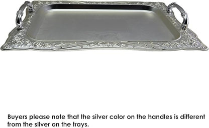 (Pack of 2) 14.2 inch x 10.2 inch Rectangular Chrome Serving Tray with Handles Vintage Floral Edge Engraved Decorative Wedding Birthday Buffet Party Wine Plate Platter Base CC-409