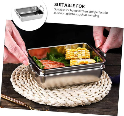 VOSAREA 1Pc Stainless Steel Food Tray with Handles Smooth Surface Snack Holder for Barbecue Fruits and Snacks Practical Silver Platter for Easy Serving