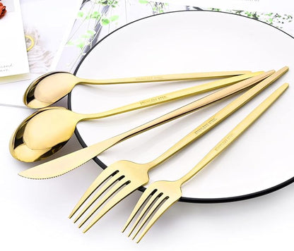 30Pcs Gold Simplicity Mirror Finished Cutlery Set, 18/0 Stainless Steel Daily Use Silverware Kitchen Home Restaurant Party Dessert Flatware Set Include Knife/Fork/Spoon, Service For 6