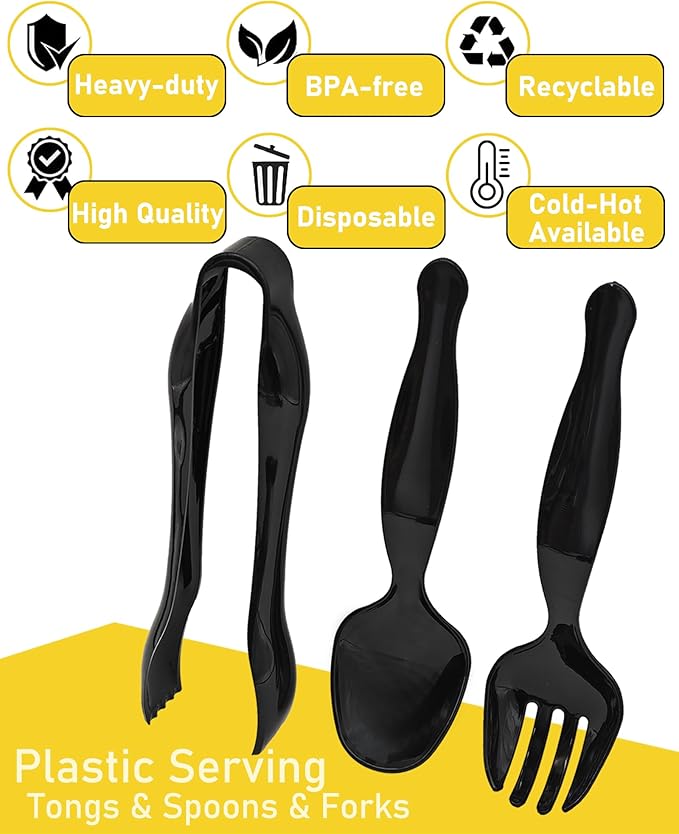 Plastic Serving Utensils 36PCS, Disposable Serving Utensils for Buffets Events Parties - 12 Sets of Heavy Duty Plastic Serving Spoons, Forks, Tongs for Wedding/Birthday/Catering Events (Black)
