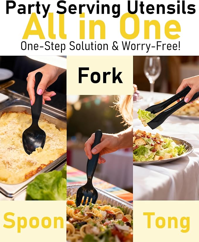 Plastic Serving Utensils 36PCS, Disposable Serving Utensils for Buffets Events Parties - 12 Sets of Heavy Duty Plastic Serving Spoons, Forks, Tongs for Wedding/Birthday/Catering Events (Black)