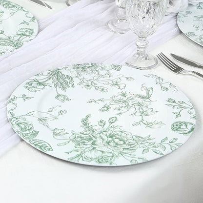 Efavormart 6 Pack Floral Acrylic Charger Plates in French Toile Pattern, White Sage Green Round Dinner Charger Event Tabletop Decor - 13"
