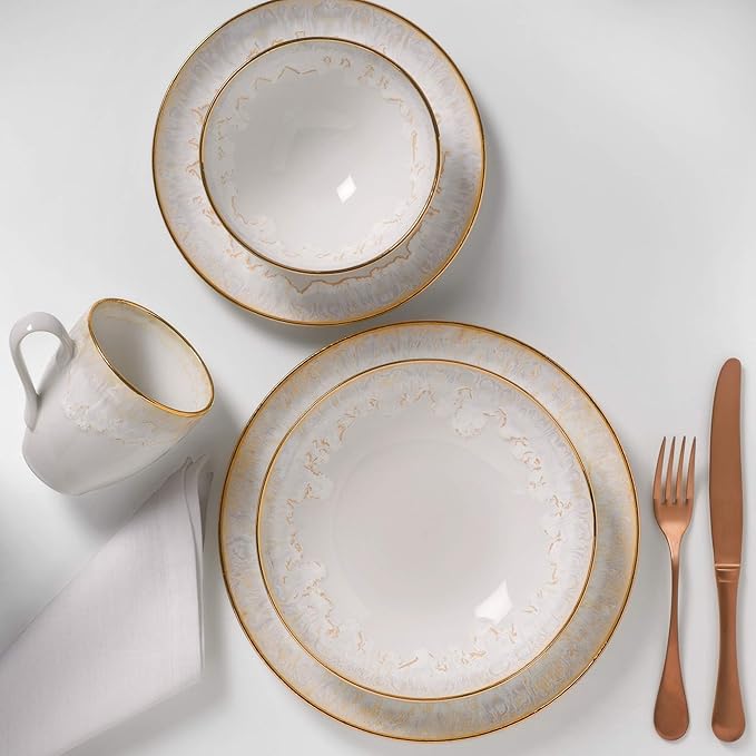 Casafina Ceramic Stoneware 5-Piece Place Setting Service for 1 - Taormina Collection, White & Gold | Hand-Painted 18-Karat Gold Rim Dinnerware | Food Safe Glazing | Restaurant Quality Tableware