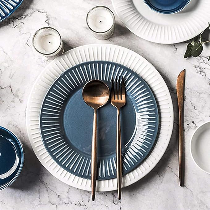 26pcs Dinnerware Sets for 5,Ceramics Dinner Set,Tableware Set in French Style,Blue White Stripe Plates and Bowls Set,Complete Combi-Porcelain,Microwave and Dishwasher Safe