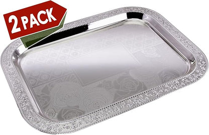 (Pack of 2) 19.1 inch x 14.4 inch Oblong Chrome Plated Serving Tray Stylish Design Floral Engraved Edge Decorative Party Wedding Dessert Buffet Wine Platter Plate Birthday Gift NC-063