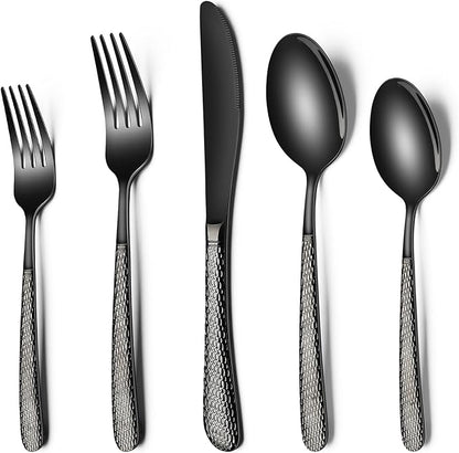 Black Hammered Silverware Set, 40-Piece Stainless Steel Heavy Duty Flatware Set for 8, Food-Grade Tableware Cutlery Set, Utensil Sets for Home Restaurant, Mirror Finish, Dishwasher Safe
