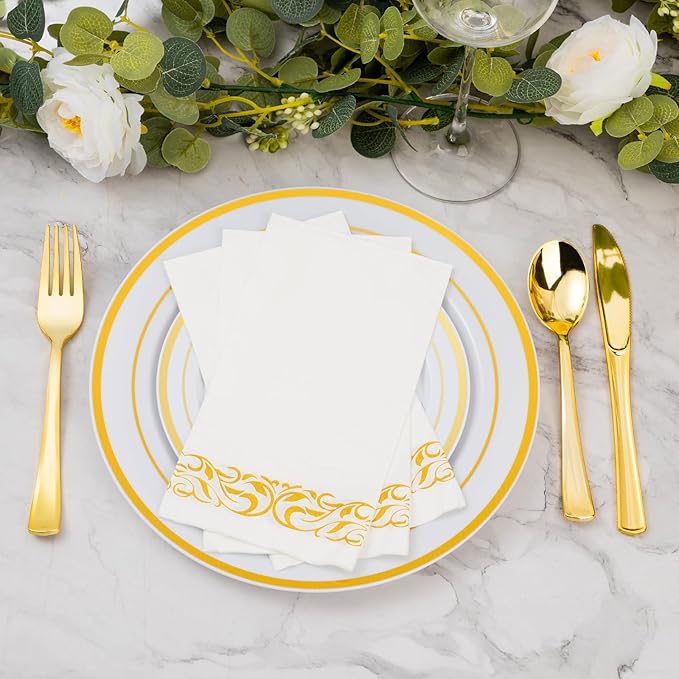 BESTVIP 200 Pack Disposable Paper Napkins,3-Ply Dinner Napkins with Gold Trim for Guests,Bathroom Paper Hand Towels Soft and Absorbent,Perfect for Christmas,Kitchen,Dinner,Party,Wedding or Event