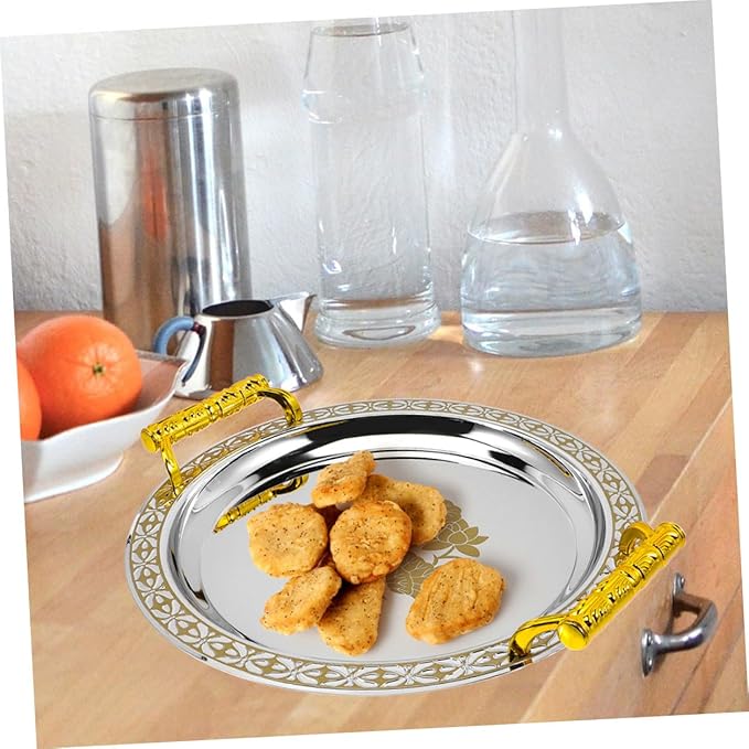 Homoyoyo European Style Round Snack Serving Tray with Gold Pattern Fruit Plate for Desserts Buffet and Food Display Stainless and Plastic Material Storage Dish for Home and Hospitality Use