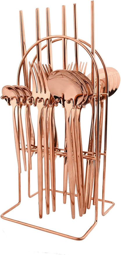 24-Piece Mirror Rose Gold Cutlery Set, Snplowum Stainless Steel Flatware Hanging Tableware Silverware Set Include Knife/Fork/Spoon/Teaspoon and Storage Rack For Daily Use, Service For 6