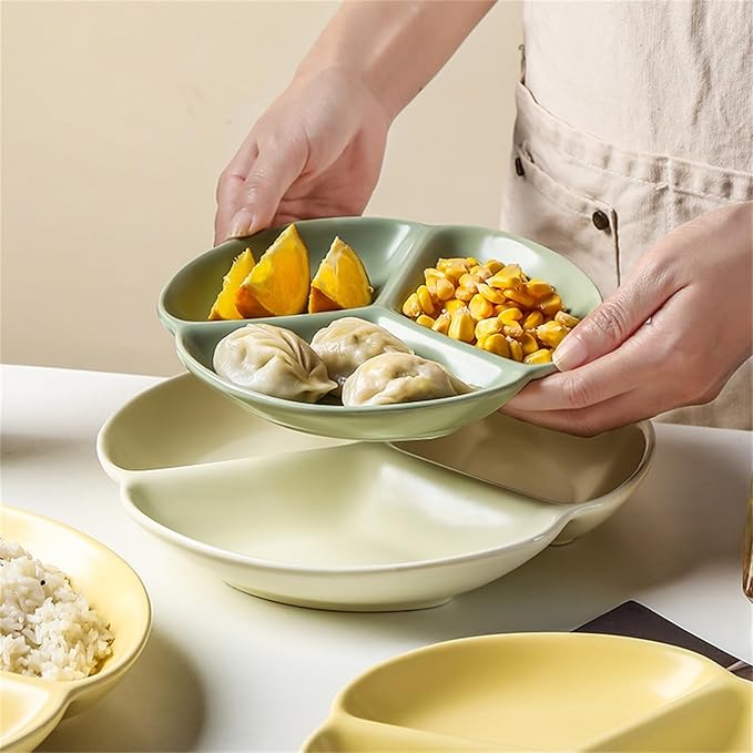 Cutlery Tray Divided Plates 7/9-inch Ceramic Snack Dish 3 Grid Plate Appetizer Serving Platter Sushi Dipping Dish (Color : Green, Size : 7")