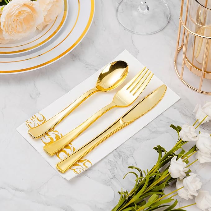 BESTVIP 200 Pack Disposable Paper Napkins,3-Ply Dinner Napkins with Gold Trim for Guests,Bathroom Paper Hand Towels Soft and Absorbent,Perfect for Christmas,Kitchen,Dinner,Party,Wedding or Event