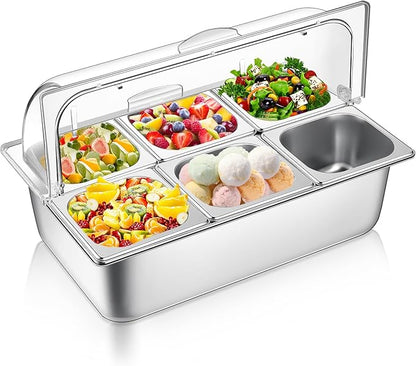 Countertop Food Serving Display Container Clear Roll Top Cover 6 Pan Stainless Steel Ice Food Buffet Server Salad Bar Pizza Topping Station Condiment Dispenser Restaurant Kitchen Party(Silver)