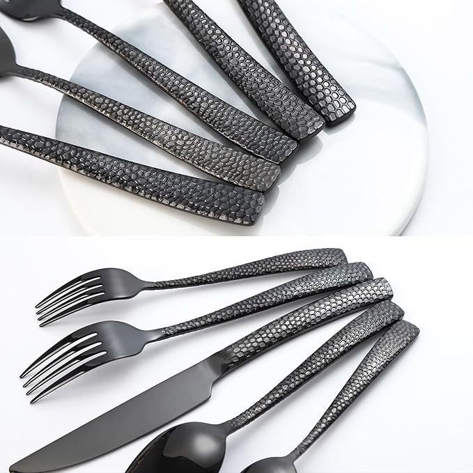 20-Piece Black Silverware Set, Heavy Duty Hammered 18/10 Stainless Steel Flatware for 4, Food-Grade Cutlery Including Fork Knife Spoon, Dishwasher Safe Tableware