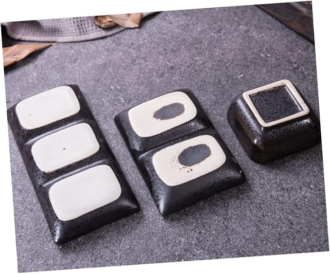2pcs Retro Square Ceramic Sauce Dishes 3-Grid Snack and Seasoning Bowls Food Dipping Plates for Appetizers and Desserts