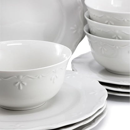 Elama Henryi 16 Piece Embossed Rim Detail Porcelain White Dinnerware Set, Tableware Set, Serveware (16 Piece)