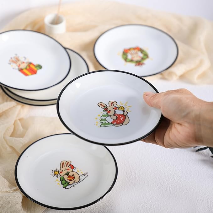 SOCOSY Cute Cartoon Christmas Rabbits Ceramic Sauce Dishes, Seasoning Dishes, Little Cat Dog Bird Feeding Bowls, Sushi Soy Dipping Bowls, Appetizer Plates, Dessert Plates-Rabbits-5 Inch, Set of 6
