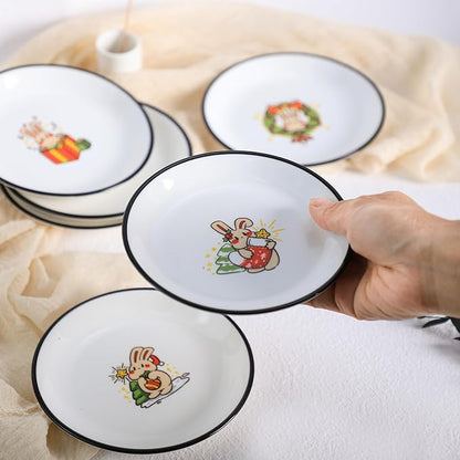 SOCOSY Cute Cartoon Christmas Rabbits Ceramic Sauce Dishes, Seasoning Dishes, Little Cat Dog Bird Feeding Bowls, Sushi Soy Dipping Bowls, Appetizer Plates, Dessert Plates-Rabbits-5 Inch, Set of 6
