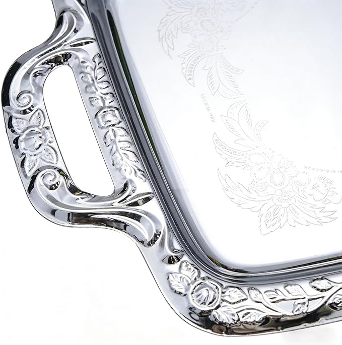 Metal Food Tray, Elegant Design, 39x23x1.7cm, Silver Serving Tray, Rectangle Serving Platter, Large Capacity, for Candy Bread Cake Charcuterie Dessert Fruit Party