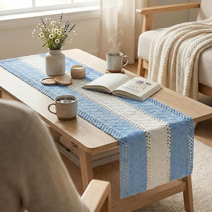 Artoid Mode Sky Blue Farmhouse Rustic Table Runner, Seasonal Hollow Kitchen Dining Table Decoration for Home Party Decor 12x36 Inch