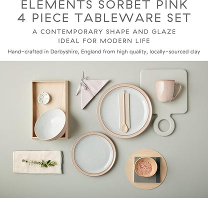 Denby - Elements Sorbet Pink Dinner Set For 1-4 Piece Ceramic Tableware - Dishwasher Microwave Safe Crockery Single Place Setting - 1 x Dinner Plate, 1 x Small Plate, 1 x Cereal Bowl, 1 x Coffee Mug