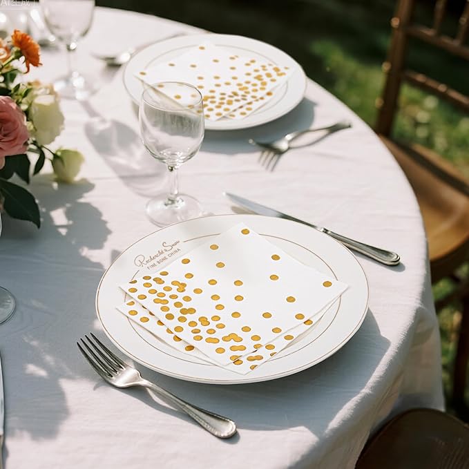 80 Pack of White Paper Cocktail Napkins with Gold Foil Polka Dot Confetti，Polka Dot Party Supplies(5 x 5 in，3-ply) (gold)