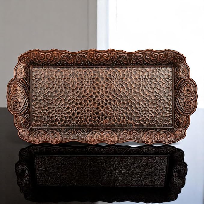 Alisveristime Small Ornate Metal Serving Tray – Ottoman Motif Decorative Tray (14.2" x 7.1", 10.8 oz) (Brown)