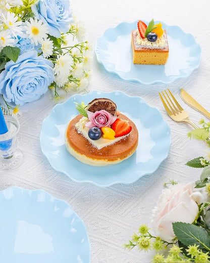 LIYH 20 Pcs Light Baby Blue Plastic Plates Reusable 7.5 Inch - Unbreakable Scalloped Dessert Plates for Weddings Camping Party Outdoor Picnics Dishwasher Safe BPA Free (20Guests)