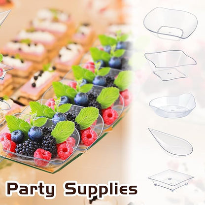 Tessco for you 100 Pcs Mini Appetizer Plates Set, Disposable Dessert Plates Assorted Shape Mini Plastic Spoons for Wedding Party Birthday (Clear)