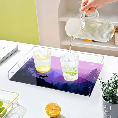 Serving Tray with Handles Clear Acrylic Tray 12x16 Inch Decorative Rectangular Tray Organizer for Ottoman Coffee Table Bathroom Purple Stag Mountains and Forest