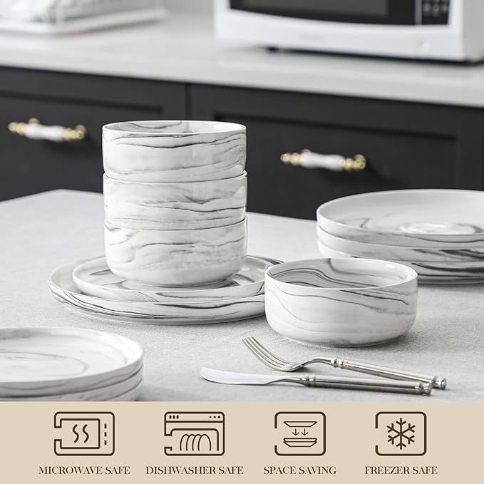 MALACASA Plates and Bowls Sets, 12 Pieces Porcelain Dinnerware Sets Dishware Sets Chip Resistant Ceramic Dish Set Dining Dinner Ware Service for 4, Marble Grey, Series LUNA