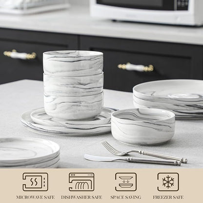 MALACASA Plates and Bowls Sets, 12 Pieces Porcelain Dinnerware Sets Dishware Sets Chip Resistant Ceramic Dish Set Dining Dinner Ware Service for 4, Marble Grey, Series LUNA