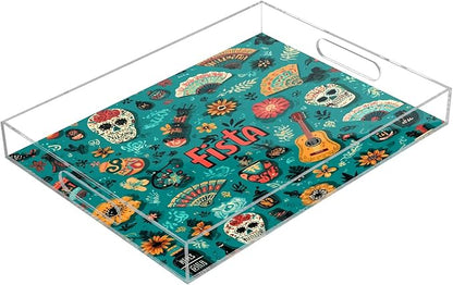 Serving Tray with Handles Clear Acrylic Tray 12x16 Inch Decorative Rectangular Tray Organizer for Ottoman Coffee Table Bathroom Fiesta Mexican Green Skulls Guitars Flowers