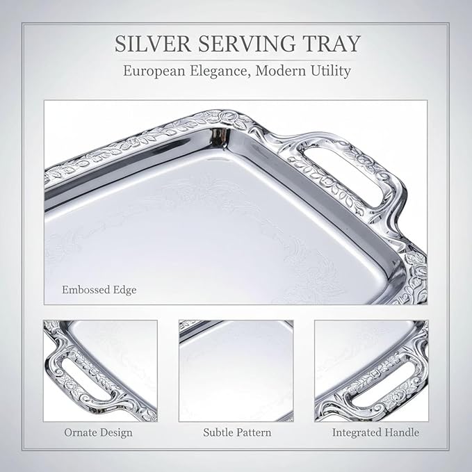 16.1 In Silver Serving Tray, European Style Stainless Steel With Handles, Metal Ottoman Decorative Food Tray For Coffee Tables And Parties