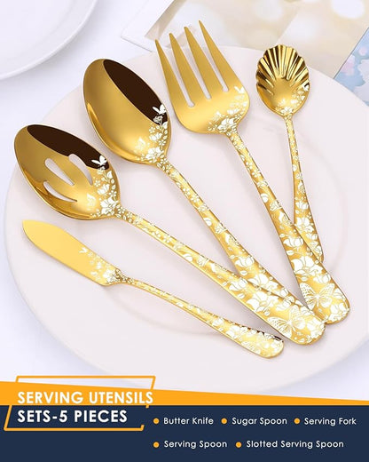 Stapava 53-Piece Gold Silverware Set with Serving Utensils, Stainless Steel Gold Flatware Cutlery Set, Mirror Eating Utensils Tableware with Butterfly Flower Laser, Dishwasher Safe