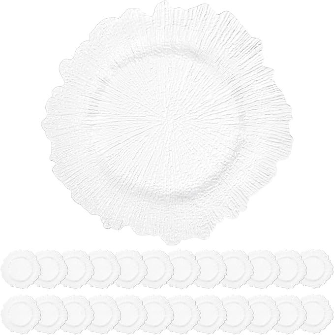 24 Pack White Charger Plates Bulk, 13" Plastic Reef Chargers for Dinner Plates, Round Charger Plate with Floral Reef Design for Dinner Wedding Party Table Setting Decoration