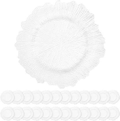 24 Pack White Charger Plates Bulk, 13" Plastic Reef Chargers for Dinner Plates, Round Charger Plate with Floral Reef Design for Dinner Wedding Party Table Setting Decoration