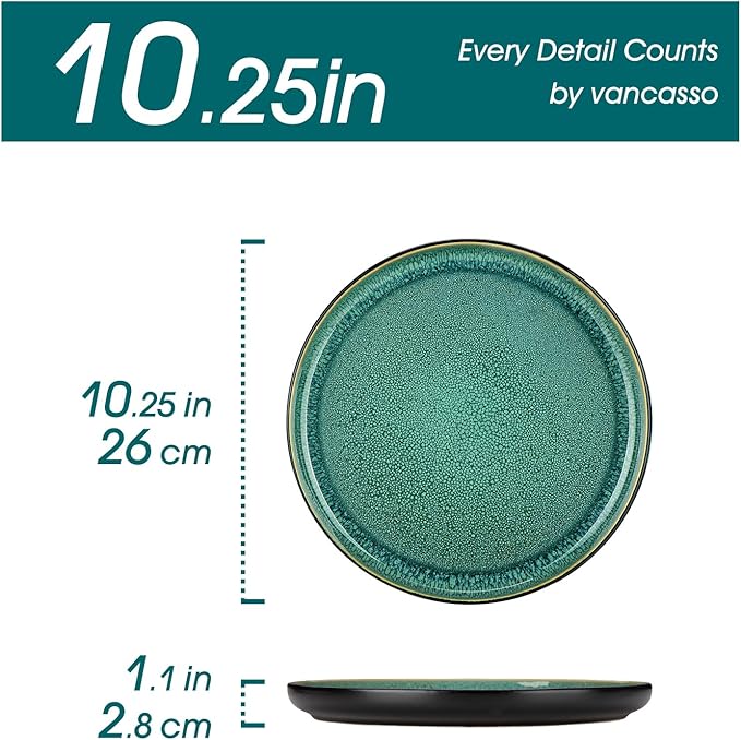 vancasso PLAYA Dinner Plates Set of 6, 10.25 Inch - Ceramic & Stoneware Plates, Microwave & Oven Safe, Trendy Green Tableware for Modern Dining, Durable Dishwasher Safe Design