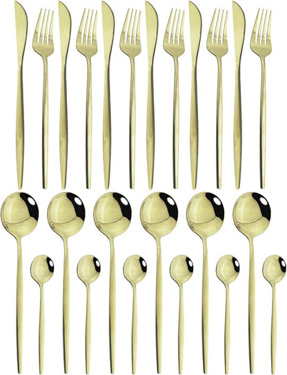 JASHII 24-Piece Flatware Set - Titanium Stainless Steel, Silverware Set for 6, Shiny Champagne Gold