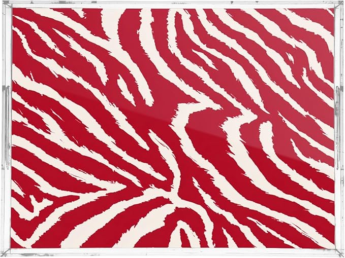 Serving Tray with Handles Clear Acrylic Tray 12x16 Inch Decorative Rectangular Tray Organizer for Ottoman Coffee Table Bathroom Red White Zebra Print