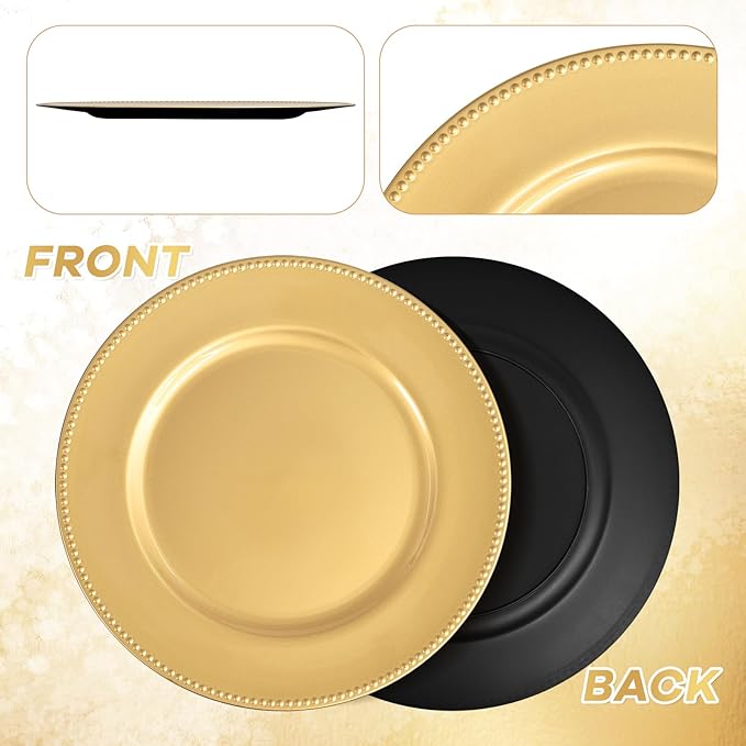 36 Pcs Gold Charger Plates Round Charger Plates13 Inch Bulk Wedding Dinner Elegant Reusable Plastic Chargers Plates Wedding Holiday Party Baby Shower Event Decoration (Gold)