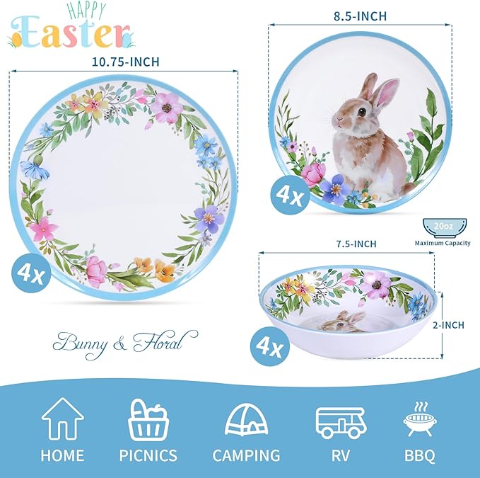 12PCS Melamine Dinnerware Set, Bunny & Floral Outdoor Dinnerware Set for 4, Unbreakable Easter Plates and Bowls for Camping, Patio Dining, Family Meals, Ideal for Rabbit Lovers & Home Decor