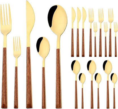 Korean Style Wood Flatware Stainless Steel Fork/Spoon/Knife/Teaspoon with Wooden Square Handle Cutlery Set of 4 Dinnerware for Home, Kitchen, Restaurant, Gift - Gold