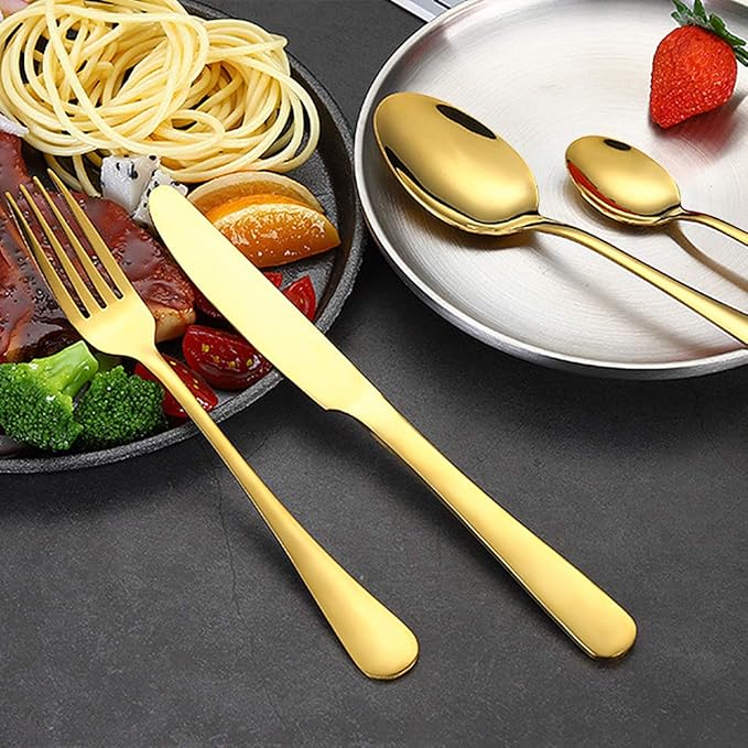 Gold Silverware Set, Stainless Steel Flatware Set Service for 6, Kitchen Cutlery Gift Set Utensils Knife Fork Spoon Dinnerware Tableware Kit for for Home, Wedding, Restaurant (Gold)