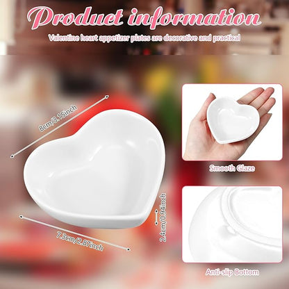 6 Pieces Heart Shaped Bowls Ceramic Dip Bowl Plates Multipurpose Salad Bowls Appetizer Plates Cooking Gifts for Candy Sauce Sushi Dipping Serving Wedding Anniversary Valentine's Day (White)