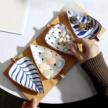 Hand-painted Japanese Style Snack Plates Set 3pcs – Leaf and Raindrop Shaped Ceramic Dried Fruit Plates with Seasoning Bowls, Creative Appetizer Serving Trays for Random Color