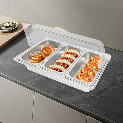 3 Pan Stainless Steel Food Serving Tray, Countertop Food Serving Display Container with Clear Roll Top Cover & Buckles, Buffet Food Display Container for Buffets, Parties, Hotels, Weddings